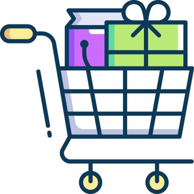 Çantalı ve hediye kutulu alışveriş arabasının minimalist vektör çizimi