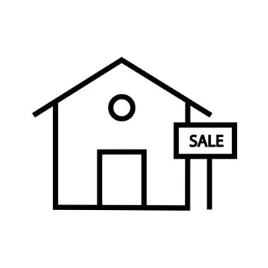 Satış işaretli binanın siyah minimalist vektör simgesi