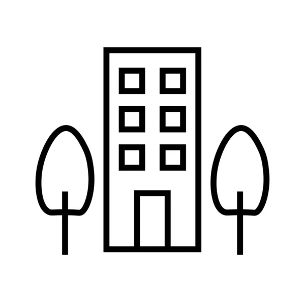 Schwarzes Minimalistisches Vektorsymbol Des Gebäudes Mit Zwei Bäumen — Stockvektor