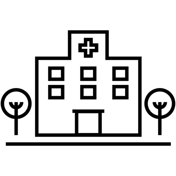 Μαύρη Μινιμαλιστική Διανυσματική Εικόνα Νοσοκομειακού Κτιρίου Δέντρα — Διανυσματικό Αρχείο