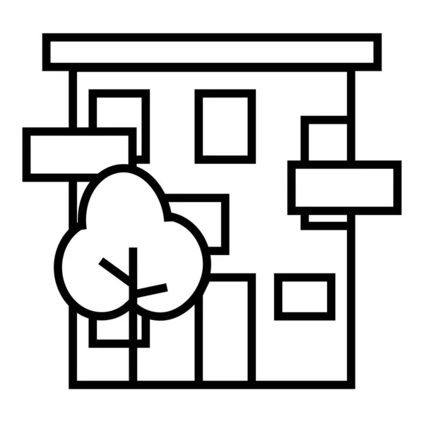 Черная Минималистическая Векторная Иконка Здания Деревом — стоковый вектор