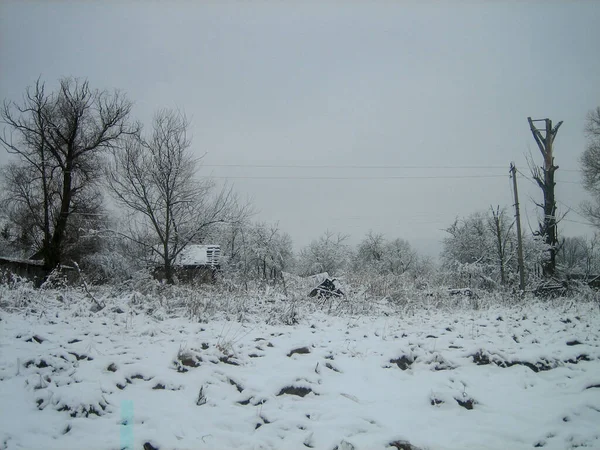 Old Wooden Houses Snow Covered Vegetable Gardens Russian Village Winter — Stock fotografie