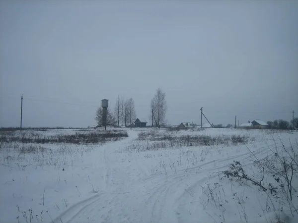 Bulutlu Bir Kış Gününde Karla Kaplı Bir Tarla Uzaktan Köy — Stok fotoğraf