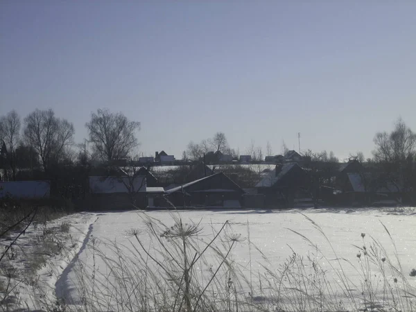 Een Gewoon Russisch Dorp Winter Huizen Loodsen Bomen Moestuinen Zijn — Stockfoto