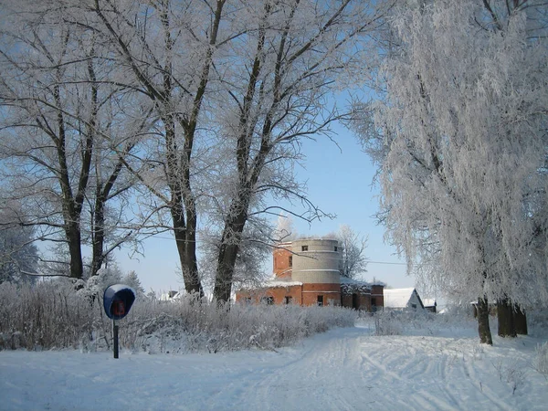 Ένα Συνηθισμένο Ρωσικό Χωριό Χειμώνα Σπίτια Υπόστεγα Δέντρα Λαχανόκηποι Καλύπτονται — Φωτογραφία Αρχείου