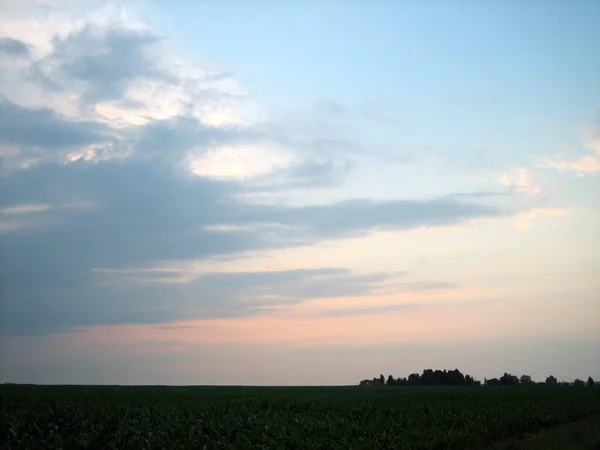 雲の中には 時間の遅い時間に無限のフィールドに空に鮮やかな緋色の夕日が広がっています — ストック写真