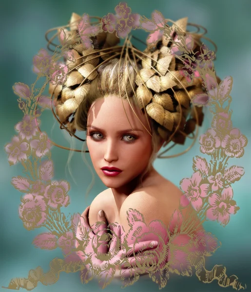 The Girl with the Golden Leaves Headdress, 3d CG — Stock Photo, Image