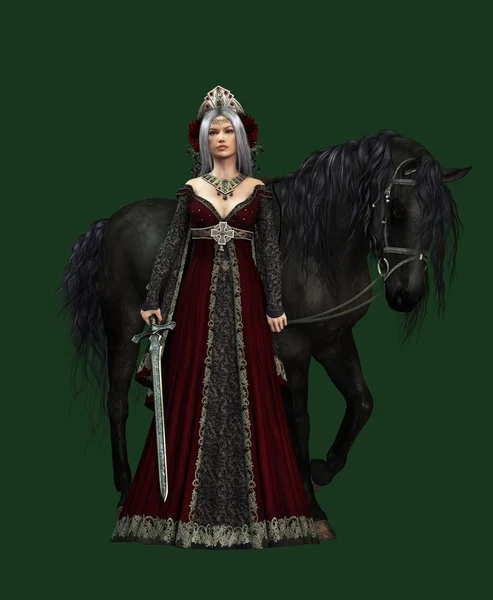 Señora del Castillo con Caballo Negro, 3d CG CA — Foto de Stock