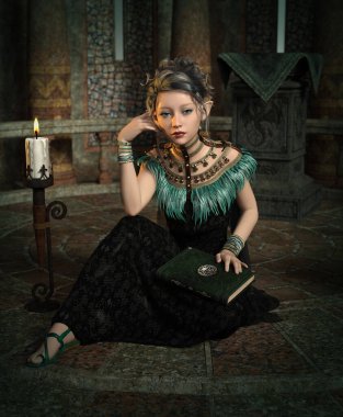 3 boyutlu bilgisayar grafikleriyle yerde oturan genç bir kadının kucağında bir kitap var.