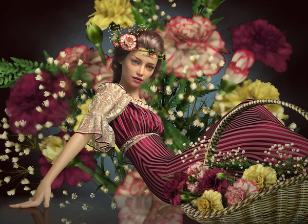 Computer Graphics Enchanting Girl Basket Carnations — Stock Photo, Image