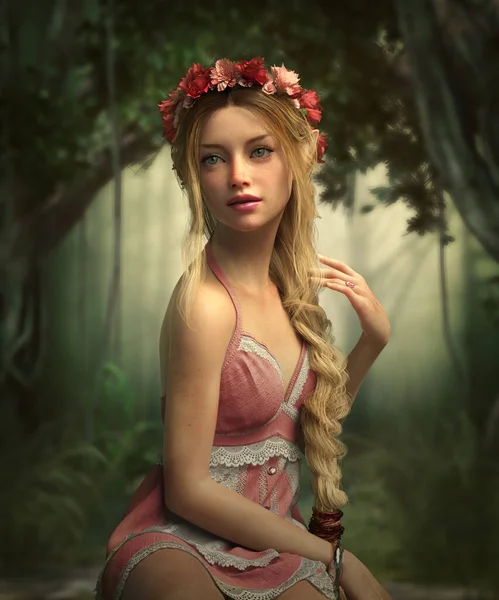 3Dコンピュータグラフィックスの美しいです妖精で彼女の髪に花輪 — ストック写真