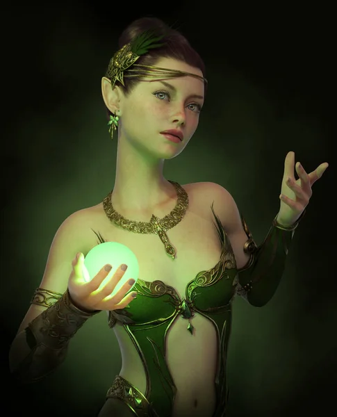 Computer Graphics Fairy Green Dress Luminous Ball Her Hand — Stock Photo, Image