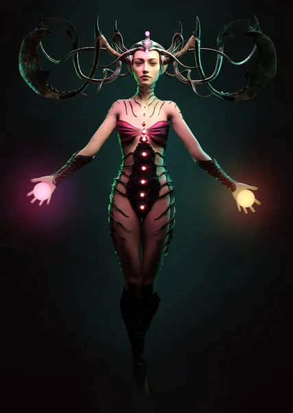 3Dコンピュータグラフィックスの妖精の角頭と発光ボール — ストック写真
