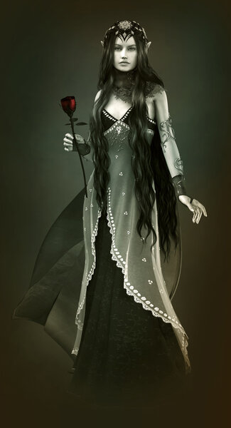 3d computer graphics of a young woman with long black hair and a red rose
