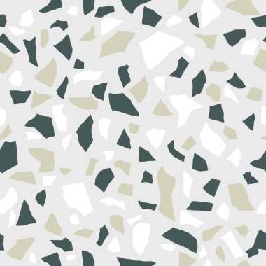 Gri terrazzo dikişsiz doku. Döşeme döşemesi, cilalanmış taş deseni. Mermer yüzey. Kaotik lekeli vektör soyut arkaplan.