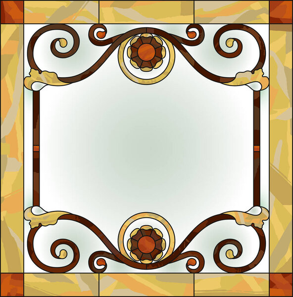 Ceiling panels stained glass window. Abstract Flower, swirls and leaves in square frame, geometric ornament, symmetric composition, tiffany technique, classic style. Vector