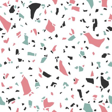 Terrazzo kusursuz desen. Renkli taşlar. Kaotik cilalı çakıl taşlı soyut beyaz arka plan. Pastel renklerde mermer desen.