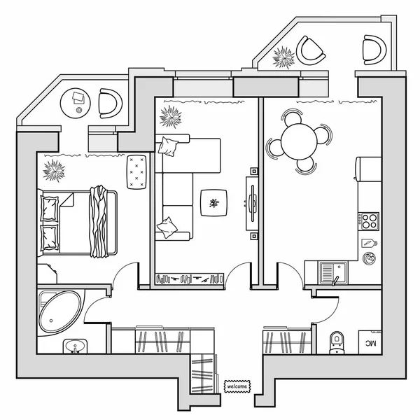 Vista Del Plano Arquitectónico Desde Arriba Apartamento Con Cocina Dormitorio — Archivo Imágenes Vectoriales