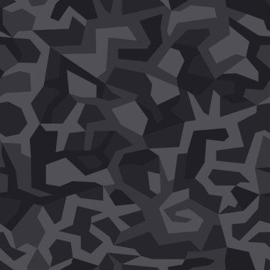 Askeri kamuflaj, kusursuz dokuyu tekrarlıyor. Ordu giysileri için kamuflaj geometrik desen. Siyah renk, kumaş avı. Vektör illüstrasyonu.