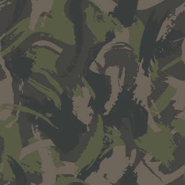 Grunge kamuflajı, kusursuz doku, askeri kamuflaj. Kuru fırça yeşil kamuflaj giysileri. Tekstil ve kumaş için kamuflaj duvar kağıdı. Moda şehir tarzı. Vektör