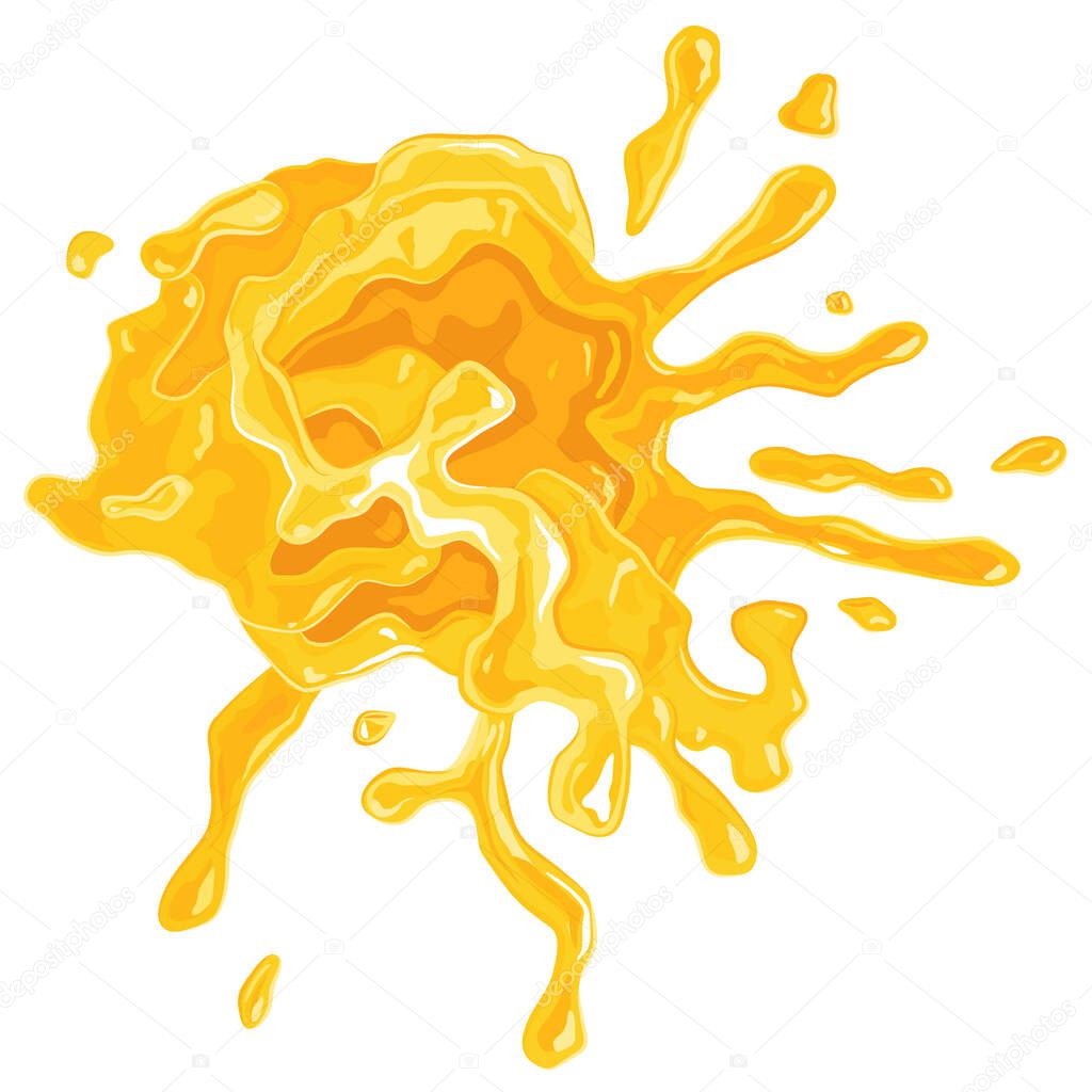 Yellow orange juice or honey blots. Sweet, smudges, splashes, drops on black background. Liquid jets, different forms, abstract forms. - stock vector