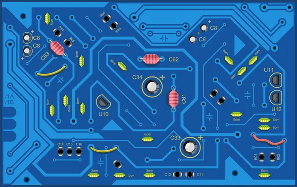 コンピューティングモジュール回路基板 青いグラフィックビデオカード マイクロ回路付きのプリントコンピュータマザーボード 電子ベクトル背景 — ストックベクタ