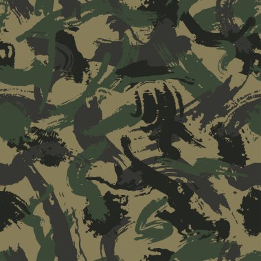 Soyut grunge kamuflajı, kusursuz desen. Boya darbeleriyle askeri kamuflaj dokusu ve elementler. Tekstil ve kumaş için duvar kağıdı. Kuru fırçayla yapılan moda tarzı. Vektör