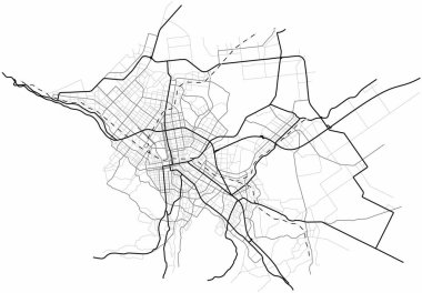 Sapporo şehir haritası (Japonya) - şehir caddeleri plana uygun. Yol şemasının tek renkli çizgi haritası. Kentsel çevre, mimari altyapı. Vektör 