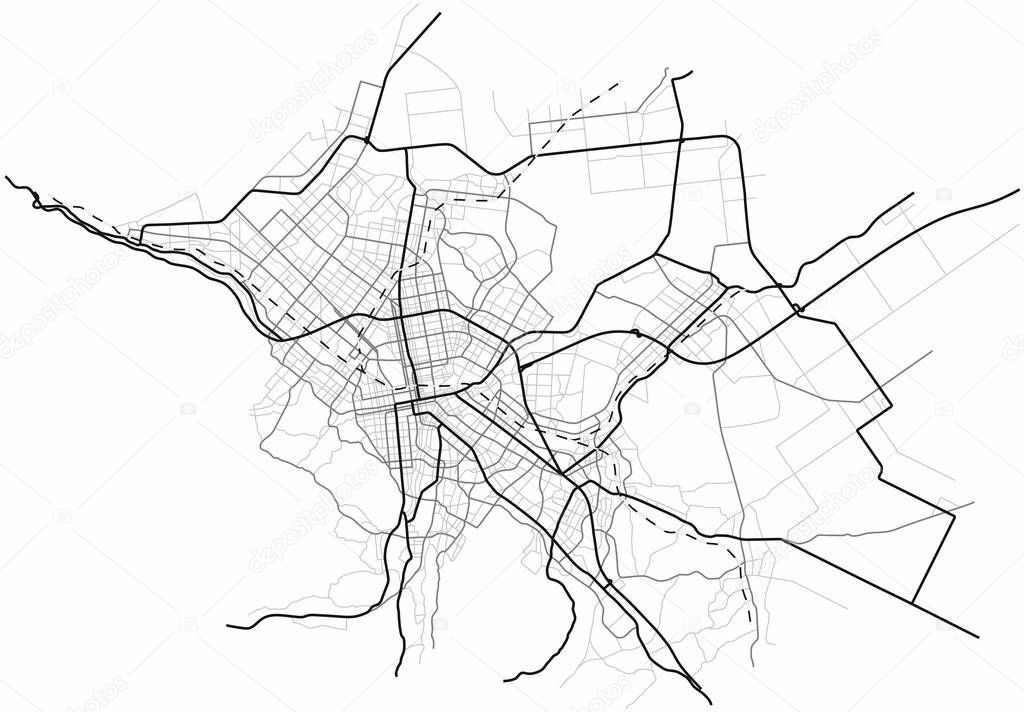 Sapporo city map (Japan) - town streets on the plan. Monochrome line map of the  scheme of road. Urban environment, architectural background. Vector 