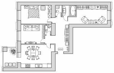 Ev ya da apartman mimarisi eskizi. Binanın çizimi. Döşeme planı ve iç dekorasyon için tüm oturma odalarını mobilya ikonları dizayn et. Vektör