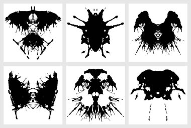 Psikiyatrik değerlendirmeler için mürekkep lekesi. Rorschach testi. Grunge soyut siyah noktaların vektör kümesi 