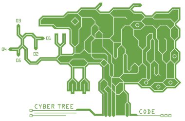 Yazılı devre levhası şeklinde dijital teknoloji ağacı gibi. Bilgi tasarımı. Gelecekçi teknik arkaplan, vektör şeması.