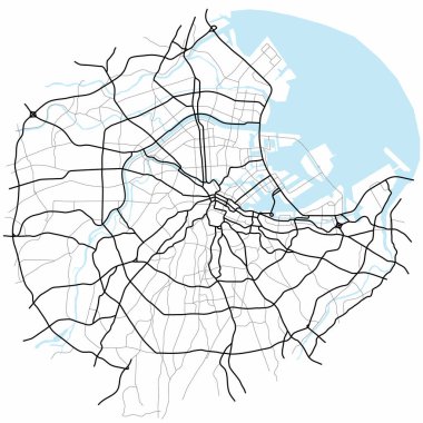Tokyo şehir haritası (Japonya) - şehir caddeleri planın üzerinde. Yol şemasının tek renkli çizgi haritası. Kentsel çevre, mimari altyapı. Vektör 