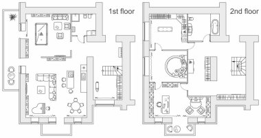 Mobilyalı iki katlı bir daire planlamak. Evin mimari çizimi (üst görünüm). İç dizayn kat planı yukarıdan. Vektör yerleşimi