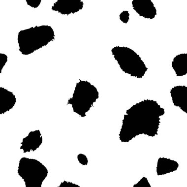 Vektör inek izi, kusursuz doku. Beyaz zemin üzerinde siyah düzensiz yamalar. Soyut inek derisi deseni. Rastgele sığır benekleri elle çizilmiş tasarım. Çiftlik hayvanı dokuma afişi.