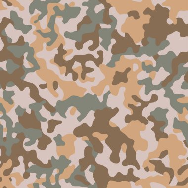 Kamuflaj desenli arka plan kusursuz vektör çizimi. Klasik giyim tarzı kamuflaj tekrarı. Bej, kahverengi, okher ve yeşil renkli orman dokusu. 