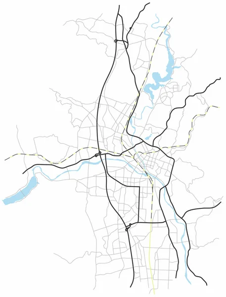 План Города Мариока Япония Улицы Города Карте Монохромная Линейная Карта — стоковый вектор