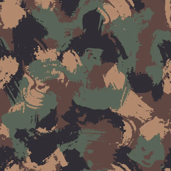 要約グランジ迷彩 シームレスブラシストロークテクスチャ 軍事迷彩パターン 陸軍や狩猟緑の迷彩服 織物や生地のための迷彩壁紙 ファッションカモスタイル ベクトル — ストックベクタ