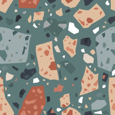 Terrazzo dokusu. Encaustik döşeme malzemesi. Granito mozaikleri, geri dönüşümlü cam, mermer ve taş parçaları. Mutfak ve küvetler zemin katın altında. Kusursuz vektör deseni.