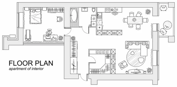 Planung Der Wohnung Mit Arrangementmöbeln Architekturzeichnung Des Hauses Draufsicht Raumgestaltung — Stockvektor