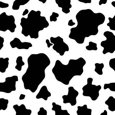 İnek derisi dokusu, siyah ve beyaz benek tekrarlanmış pürüzsüz desen. Hayvan desenli dalmaçyalı köpek lekeleri. Vektör