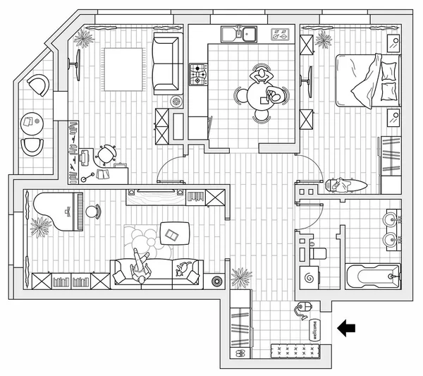 Architekturplan Eines Hauses Draufsicht Grundriss Der Wohnung Mit Den Möbeln — Stockvektor