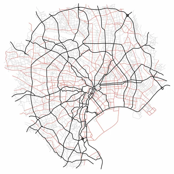 Mapa Tokia Japonsko Plánu Ulice Města Monochromatická Mapa Plánu Silnic — Stockový vektor