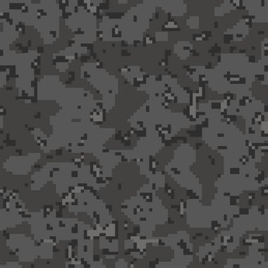 Kamuflaj desenli arka plan, kusursuz vektör çizimi. Klasik kıyafet tarzı, koyu renk kamuflaj, tekrarla. Gri ve siyah doku
