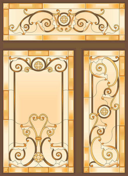 Colorful stained glass window in baroque style for ceiling or door panels. Tiffany technique. Abstract glass panels, floral pattern in a rectangular frame. Detailed vector set. 