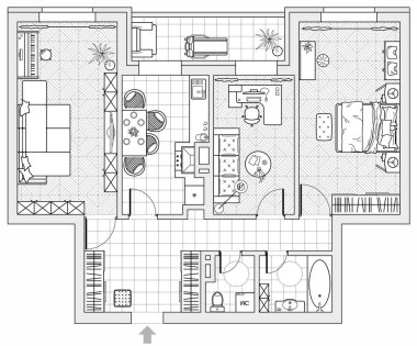 Bir evin mimari planı, üst manzara. Çizim manzaralı, mobilyalı dairenin yerleşimi. Mutfak ve tuvalet, oturma odası ve yatak odası. Ev vektör tasarımı.