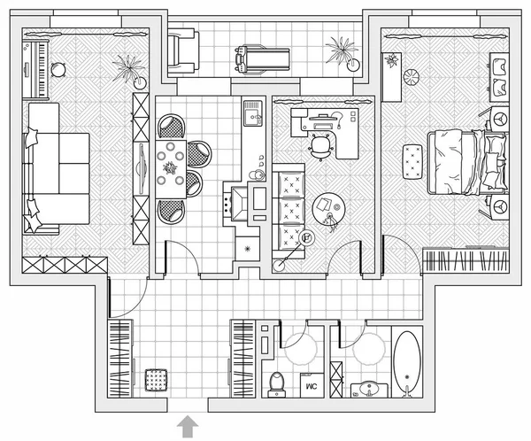 Architectonisch Plan Van Een Huis Bovenaanzicht Indeling Van Het Appartement — Stockvector