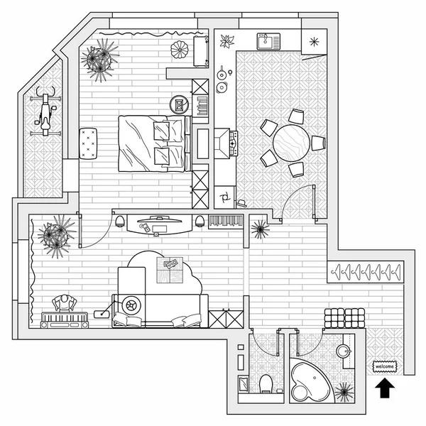 Planejamento Apartamento Com Mobília Acordo Desenho Arquitetônico Casa Vista Superior — Vetor de Stock