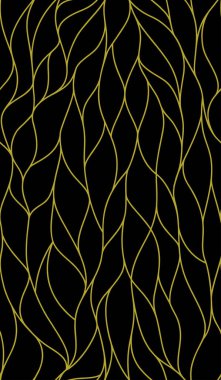 Kıvrımlı dalgalar, siyah ve altın kıvrımlı çizgiler, stilize edilmiş soyut taç yaprakları deseni. Kusursuz bir arka plan. Kağıt ya da kumaş üzerine yazdırmak için duvar kağıtları