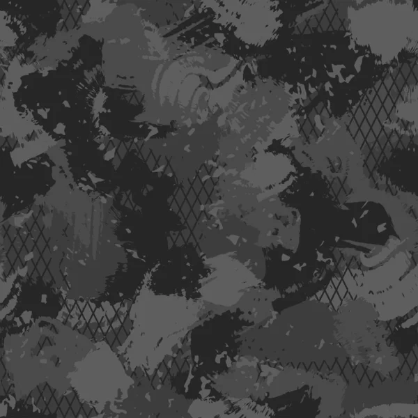 都市汚れたカモフラージュ 現代的なファッションデザイン カモ軍の保護 軍の制服 グリッドでグランジパターン 黒のモノクローム ファッショナブルな ファブリック ベクトルシームレスなテクスチャ — ストックベクタ